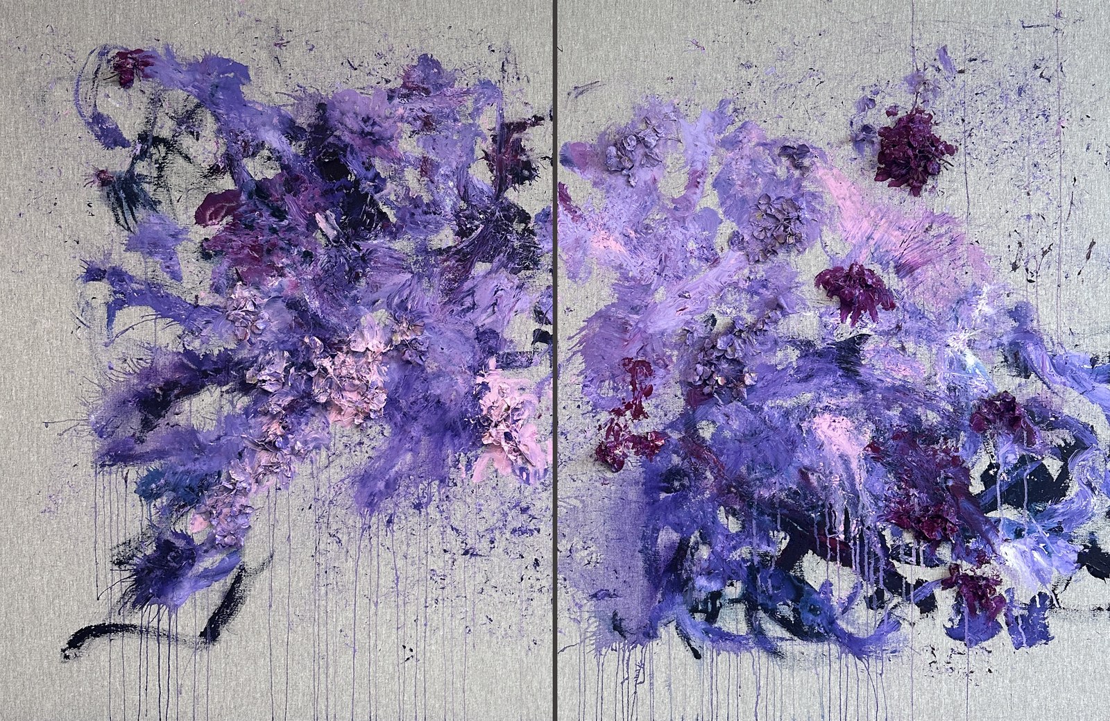 Flower Rites, purple hydrangea diptych on canvas
